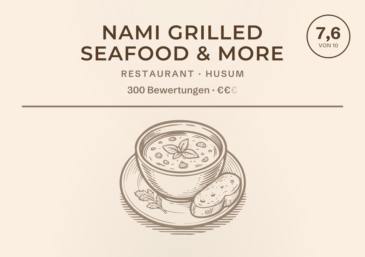 Illustriertes Poster von NAMI Grilled Seafood & more, Restaurant in Husum: Bewertung 7,6 von 10 aus 300 Bewertungen, Preisniveau €€