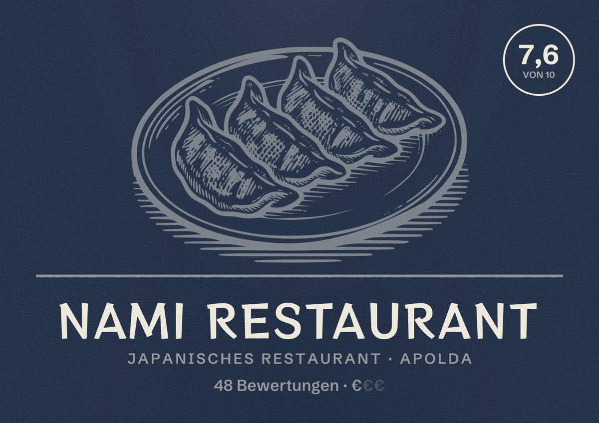 Illustriertes Poster von Nami Restaurant, Japanisches Restaurant in Apolda: Bewertung 7,6 von 10 aus 48 Bewertungen, Preisniveau €