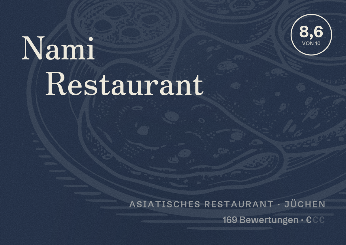 Illustriertes Poster von Nami Restaurant, Asiatisches Restaurant in Jüchen: Bewertung 8,6 von 10 aus 169 Bewertungen, Preisniveau €