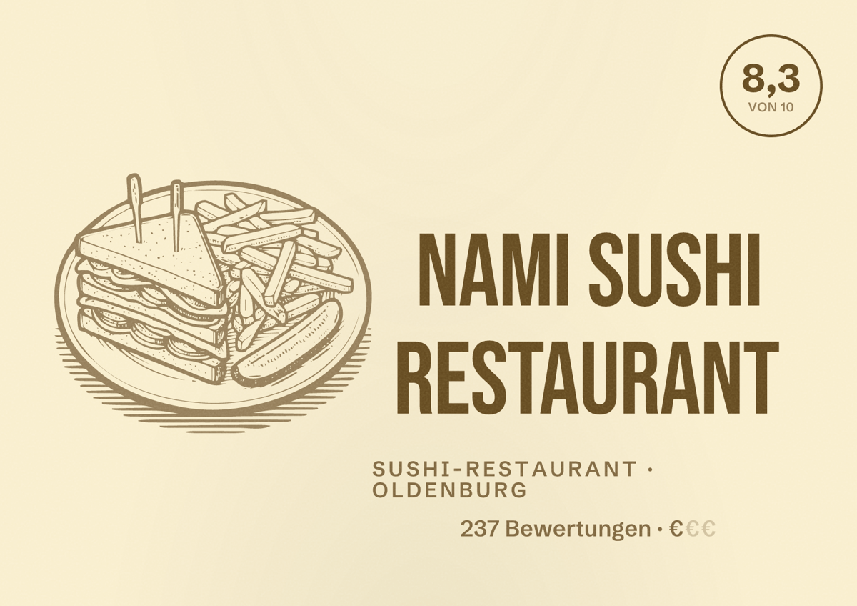 Illustriertes Poster von Nami Sushi Restaurant, Sushi-Restaurant in Oldenburg: Bewertung 8,3 von 10 aus 237 Bewertungen, Preisniveau €