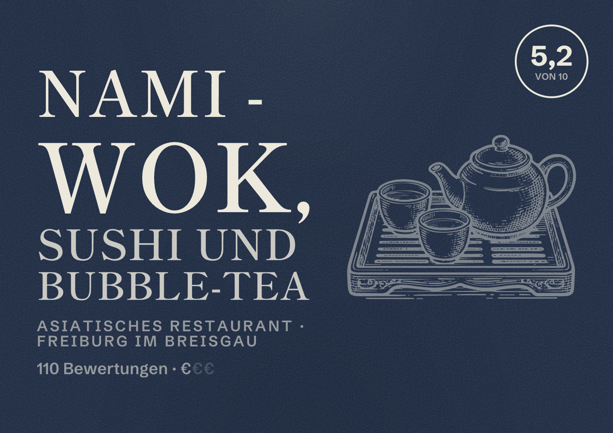 Illustriertes Poster von Nami - Wok, Sushi und Bubble-Tea, Asiatisches Restaurant in Freiburg im Breisgau: Bewertung 5,2 von 10 aus 110 Bewertungen, Preisniveau €