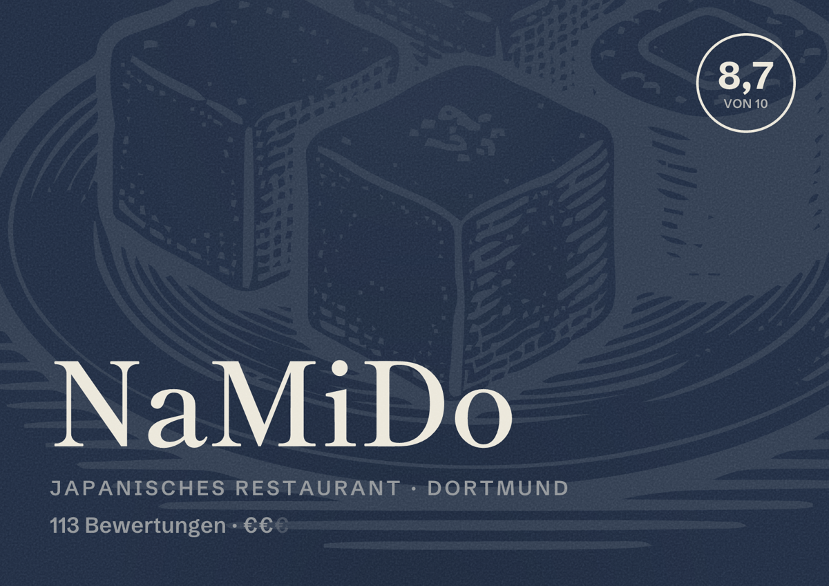 Illustriertes Poster von NaMiDo, Japanisches Restaurant in Dortmund: Bewertung 8,7 von 10 aus 113 Bewertungen, Preisniveau €€