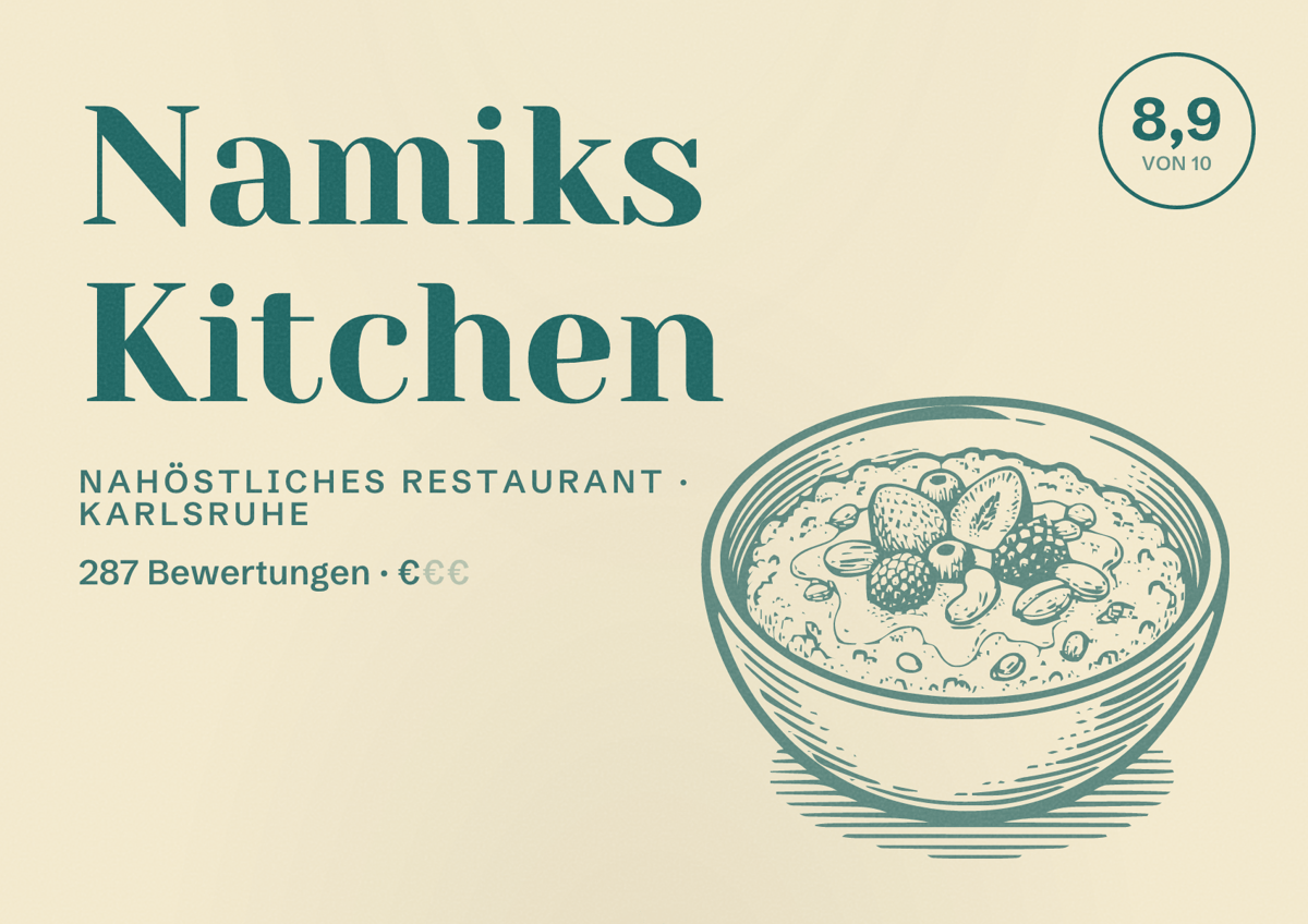 Illustriertes Poster von Namiks Kitchen, Nahöstliches Restaurant in Karlsruhe: Bewertung 8,9 von 10 aus 287 Bewertungen, Preisniveau €