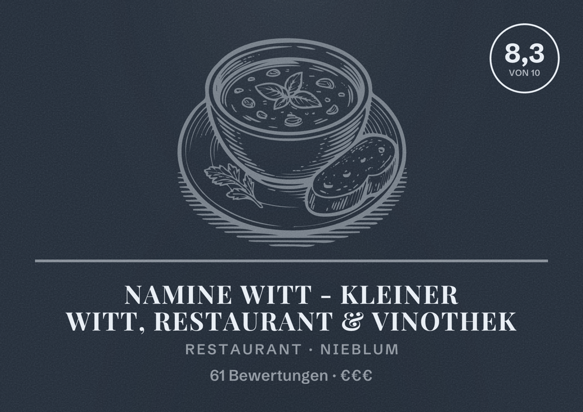 Illustriertes Poster von Namine Witt - Kleiner Witt, Restaurant & Vinothek, Restaurant in Nieblum: Bewertung 8,3 von 10 aus 61 Bewertungen, Preisniveau €€€