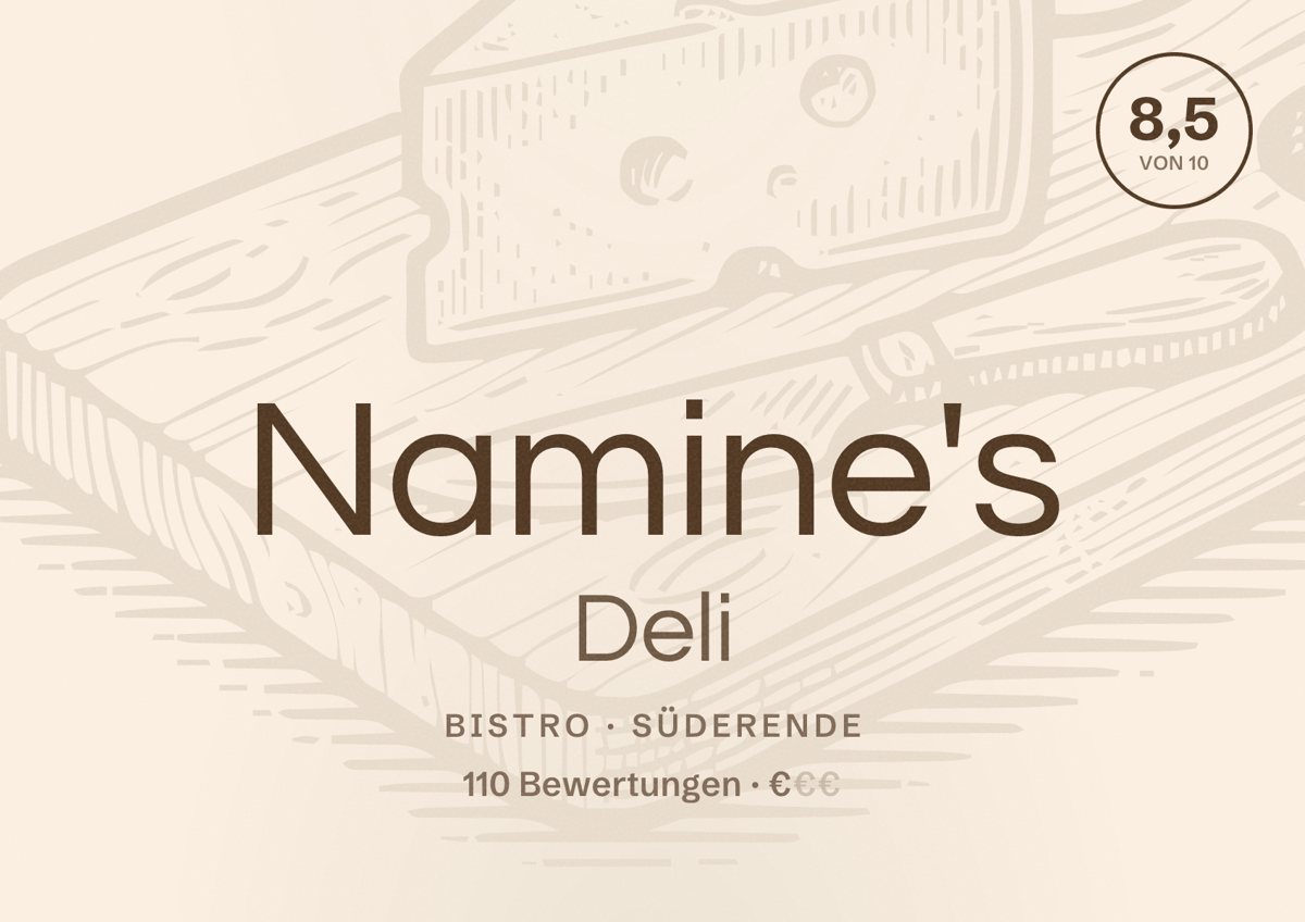 Illustriertes Poster von Namine's Deli, Bistro in Süderende: Bewertung 8,5 von 10 aus 110 Bewertungen, Preisniveau €