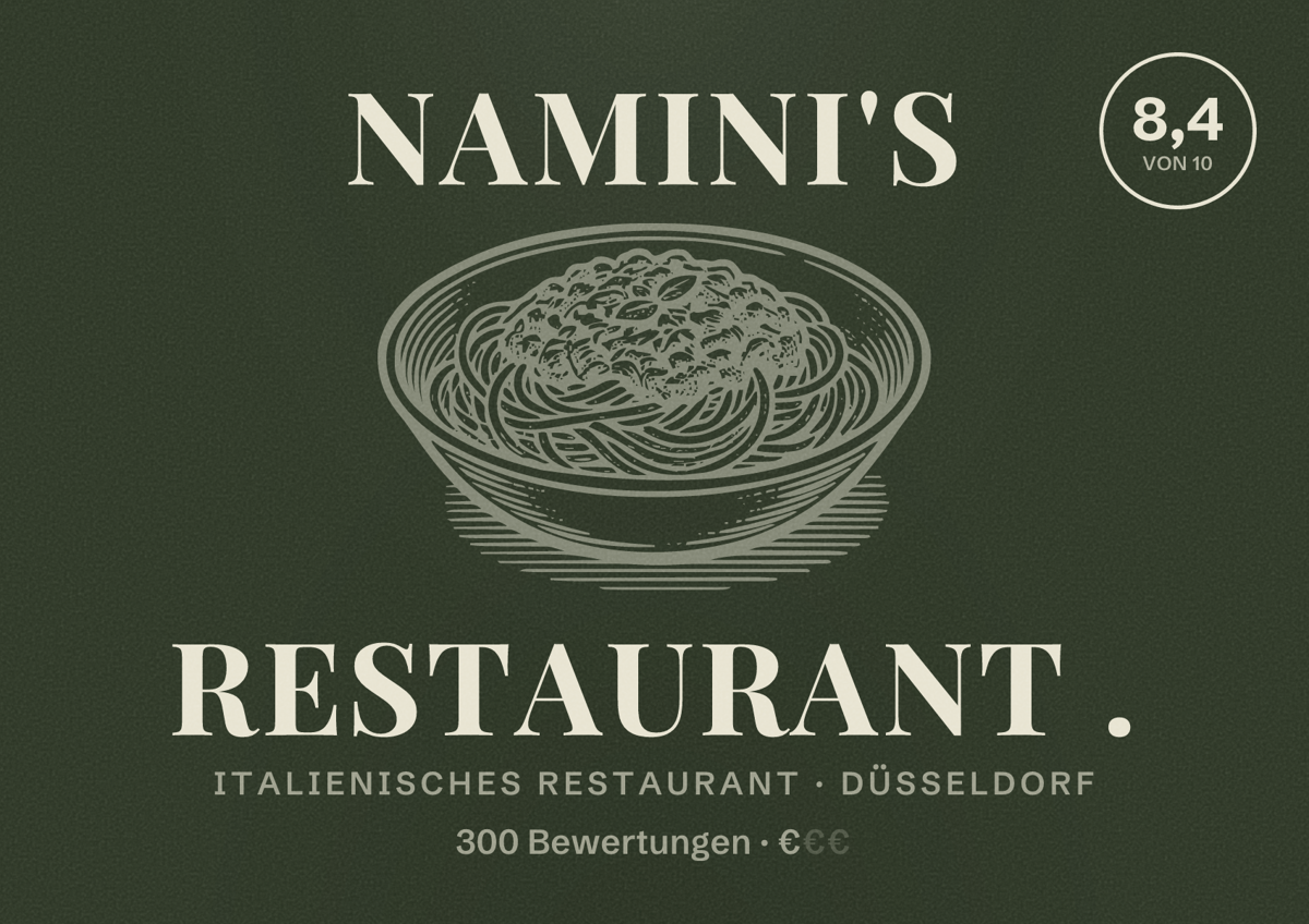 Illustriertes Poster von Namini's Restaurant ., Italienisches Restaurant in Düsseldorf: Bewertung 8,4 von 10 aus 300 Bewertungen, Preisniveau €