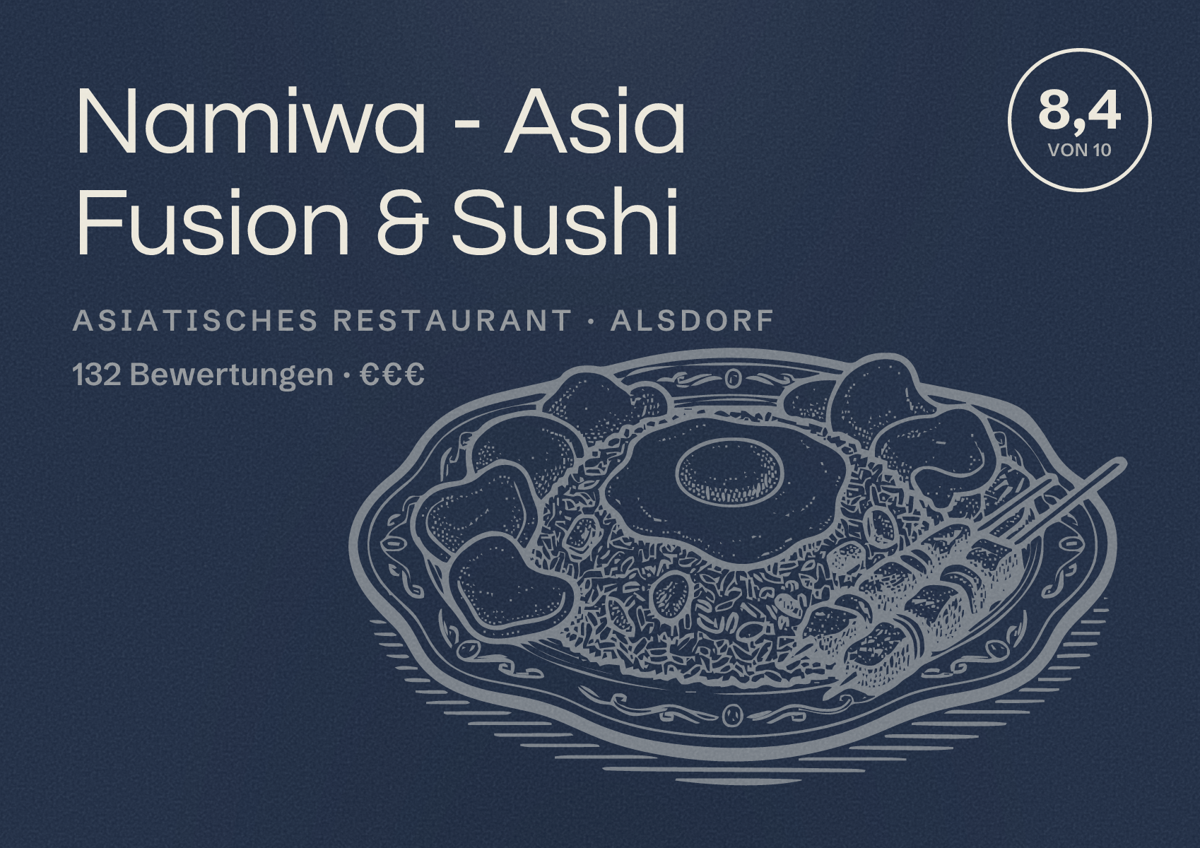 Illustriertes Poster von Namiwa - Asia Fusion & Sushi, Asiatisches Restaurant in Alsdorf: Bewertung 8,4 von 10 aus 132 Bewertungen, Preisniveau €€€