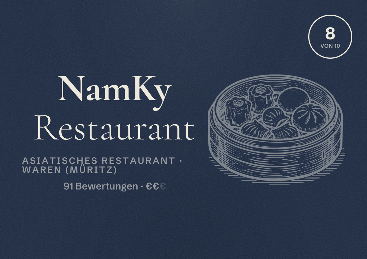 Illustriertes Poster von NamKy Restaurant, Asiatisches Restaurant in Waren (Müritz): Bewertung 8 von 10 aus 91 Bewertungen, Preisniveau €€