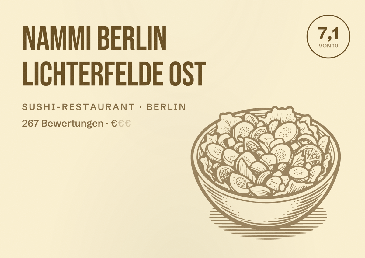 Illustriertes Poster von Nammi Berlin Lichterfelde Ost, Sushi-Restaurant in Berlin: Bewertung 7,1 von 10 aus 267 Bewertungen, Preisniveau €
