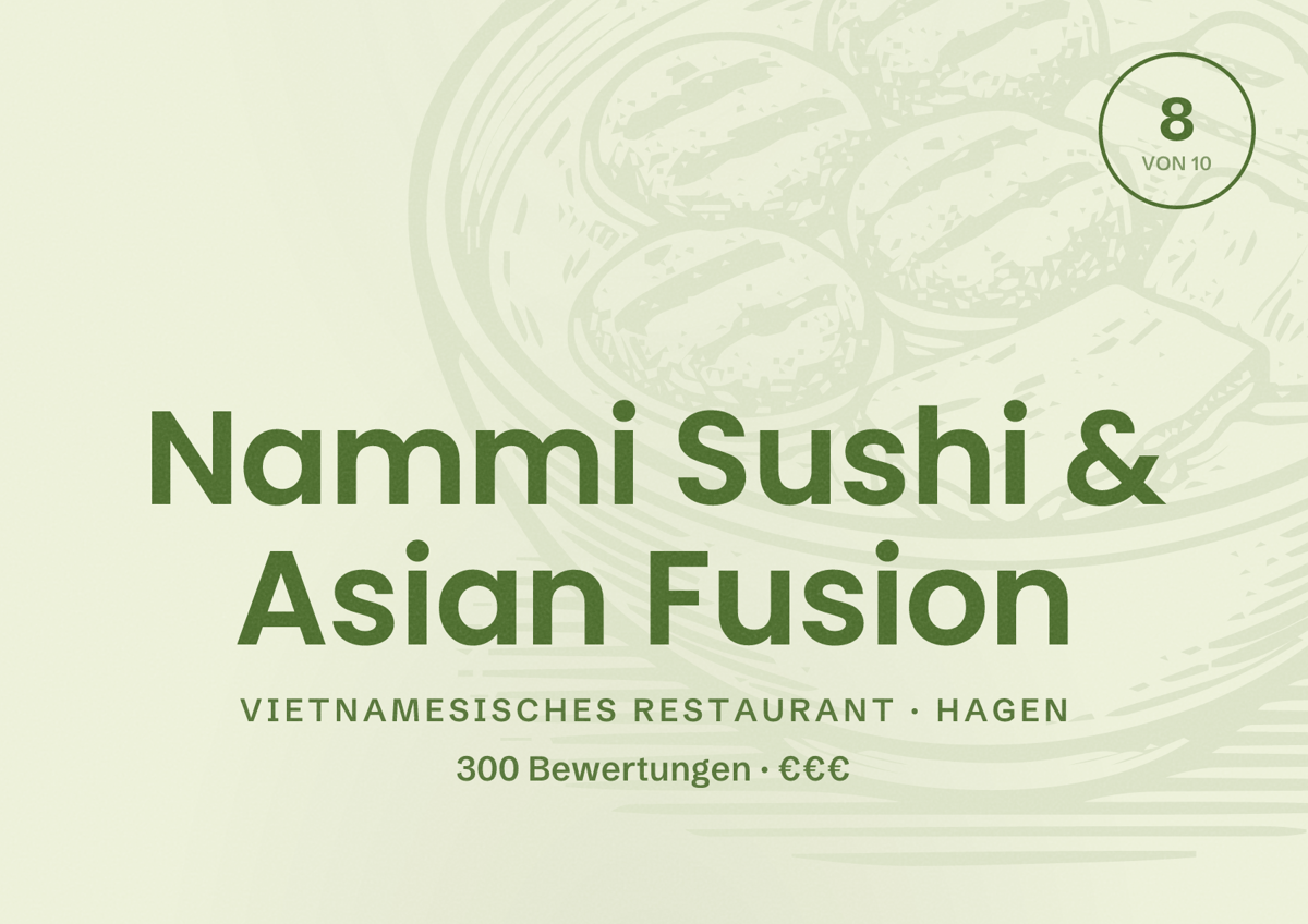 Illustriertes Poster von Nammi Sushi & Asian Fusion, Vietnamesisches Restaurant in Hagen: Bewertung 8 von 10 aus 300 Bewertungen, Preisniveau €€€