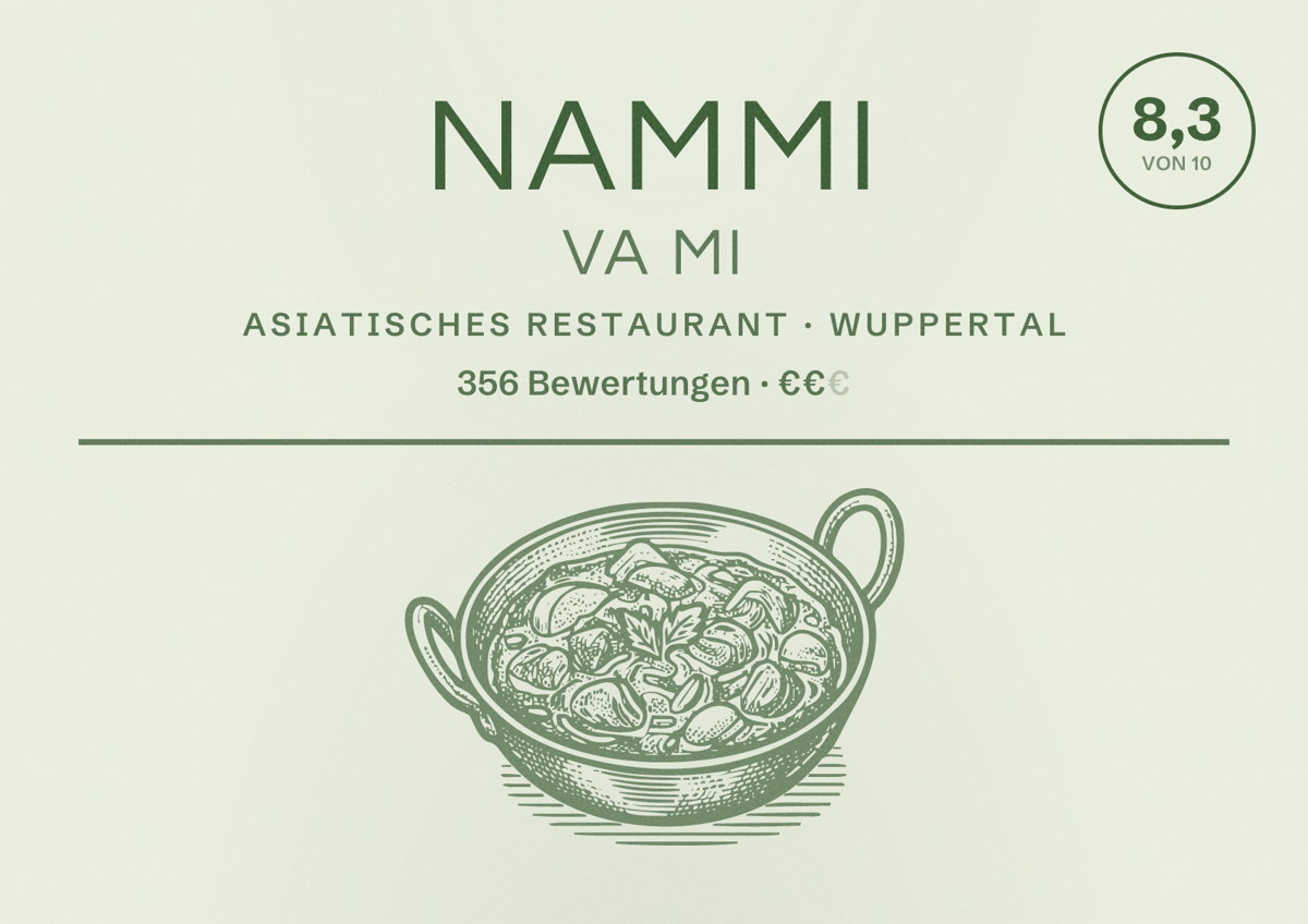 Illustriertes Poster von Nammi Va Mi, Asiatisches Restaurant in Wuppertal: Bewertung 8,3 von 10 aus 356 Bewertungen, Preisniveau €€