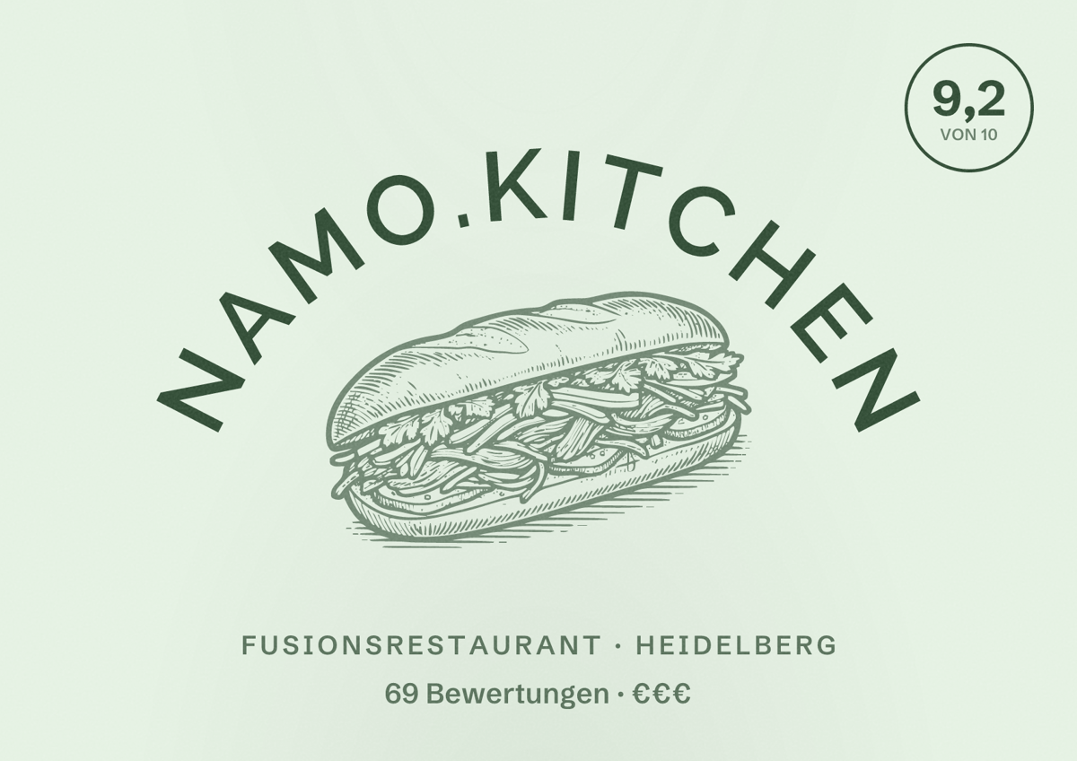 Illustriertes Poster von NAMO.KITCHEN, Fusionsrestaurant in Heidelberg: Bewertung 9,2 von 10 aus 69 Bewertungen, Preisniveau €€€