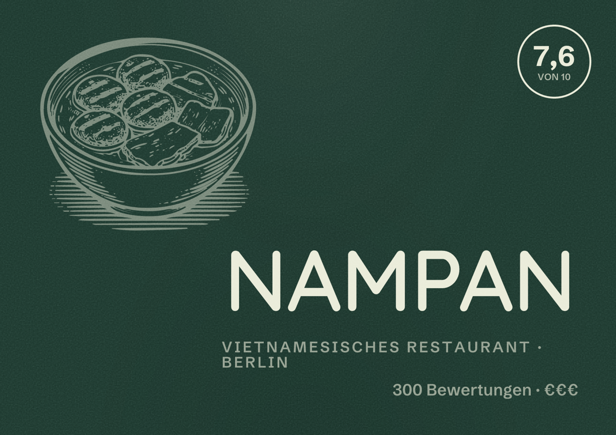 Illustriertes Poster von NAMPAN, Vietnamesisches Restaurant in Berlin: Bewertung 7,6 von 10 aus 300 Bewertungen, Preisniveau €€€