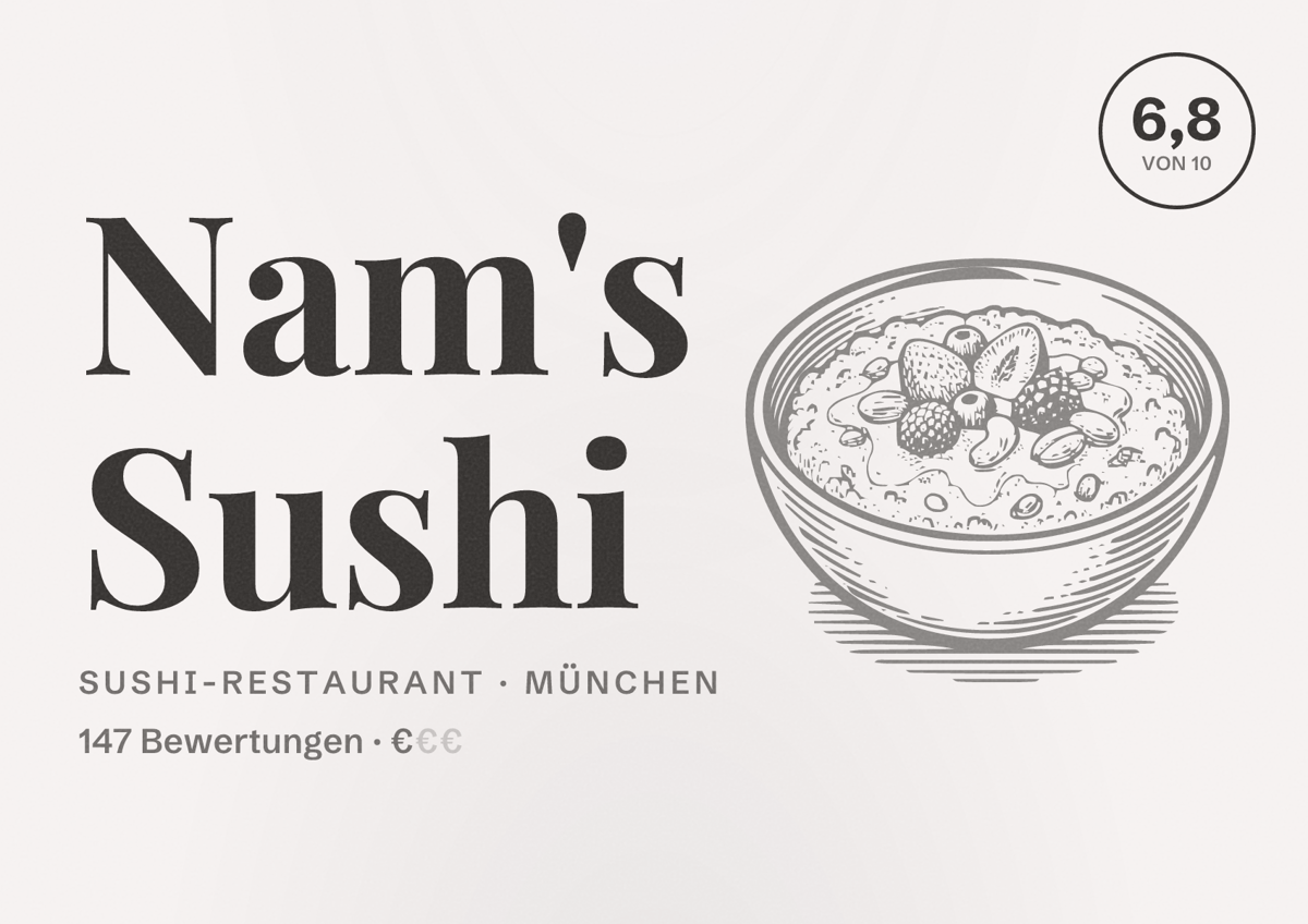 Illustriertes Poster von Nam's Sushi, Sushi-Restaurant in München: Bewertung 6,8 von 10 aus 147 Bewertungen, Preisniveau €