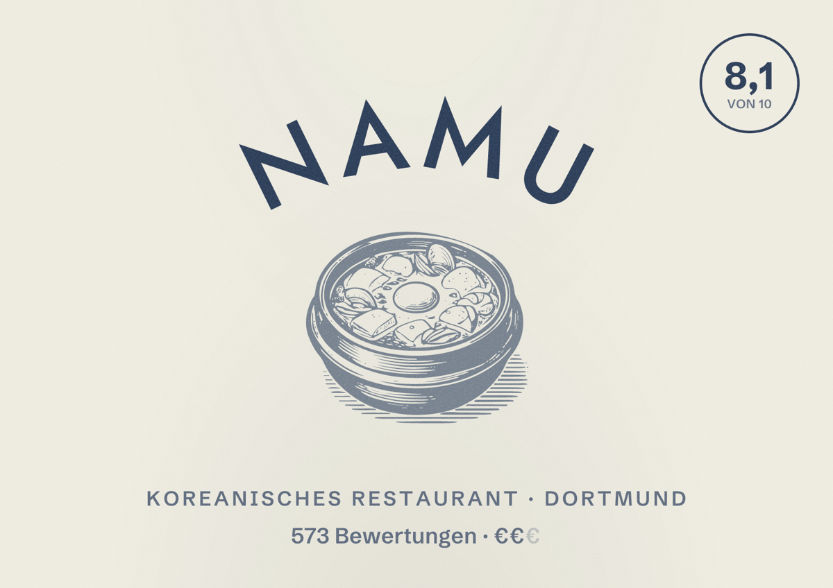 Illustriertes Poster von Namu, Koreanisches Restaurant in Dortmund: Bewertung 8,1 von 10 aus 573 Bewertungen, Preisniveau €€
