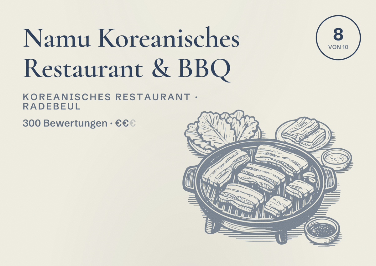 Illustriertes Poster von Namu Koreanisches Restaurant & BBQ, Koreanisches Restaurant in Radebeul: Bewertung 8 von 10 aus 300 Bewertungen, Preisniveau €€