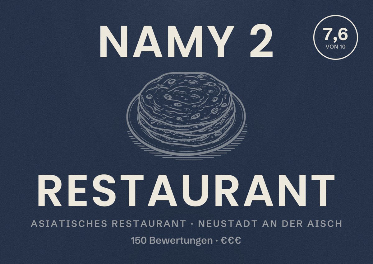 Illustriertes Poster von Namy 2 Restaurant, Asiatisches Restaurant in Neustadt an der Aisch: Bewertung 7,6 von 10 aus 150 Bewertungen, Preisniveau €€€