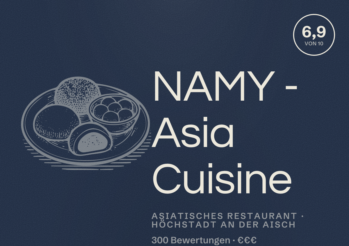 Illustriertes Poster von NAMY - Asia Cuisine, Asiatisches Restaurant in Höchstadt an der Aisch: Bewertung 6,9 von 10 aus 300 Bewertungen, Preisniveau €€€