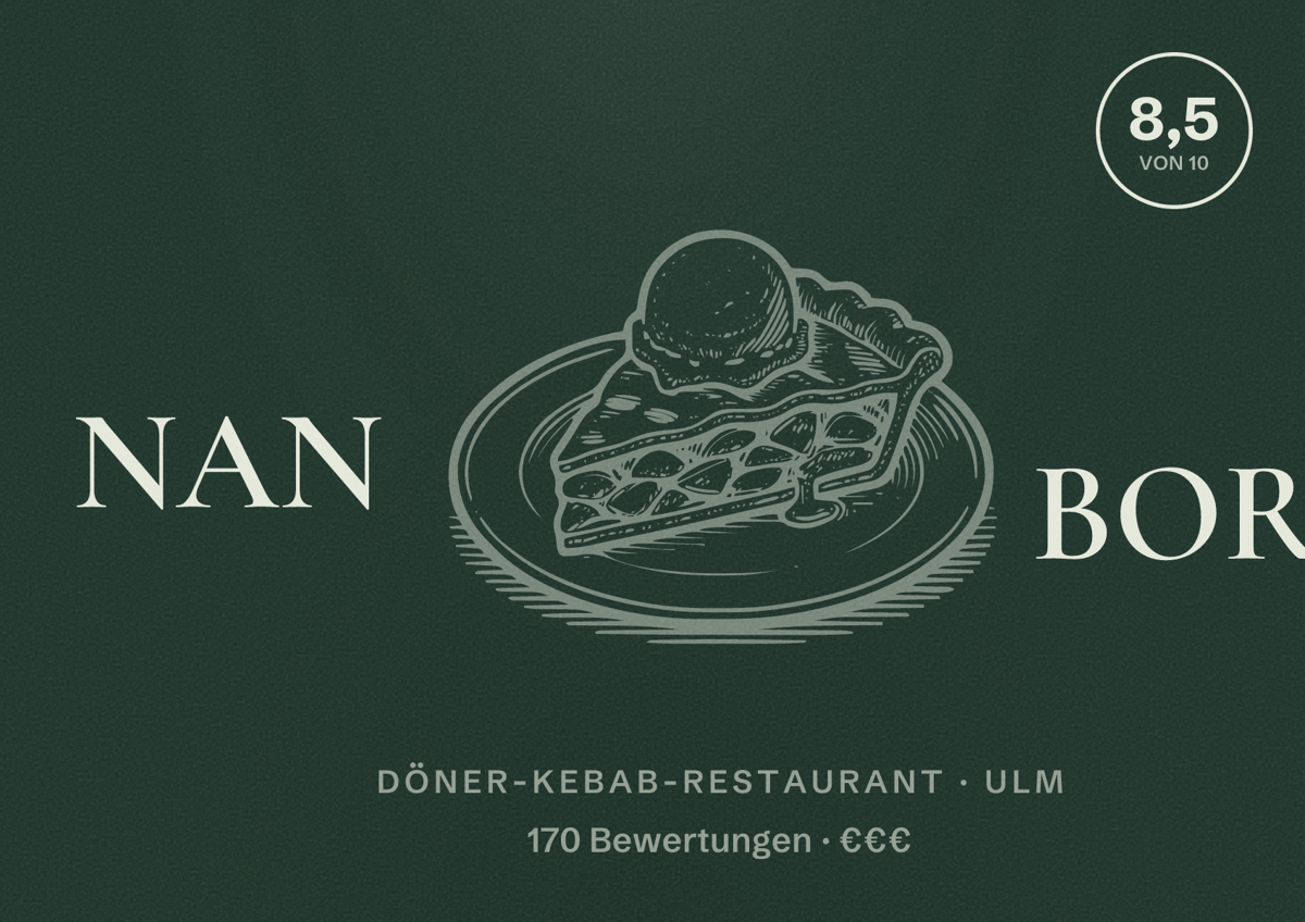Illustriertes Poster von NAN BORÉ, Döner-Kebab-Restaurant in Ulm: Bewertung 8,5 von 10 aus 170 Bewertungen, Preisniveau €€€