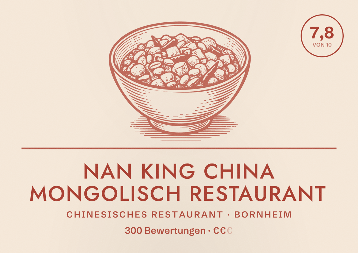 Illustriertes Poster von Nan King China Mongolisch Restaurant, Chinesisches Restaurant in Bornheim: Bewertung 7,8 von 10 aus 300 Bewertungen, Preisniveau €€