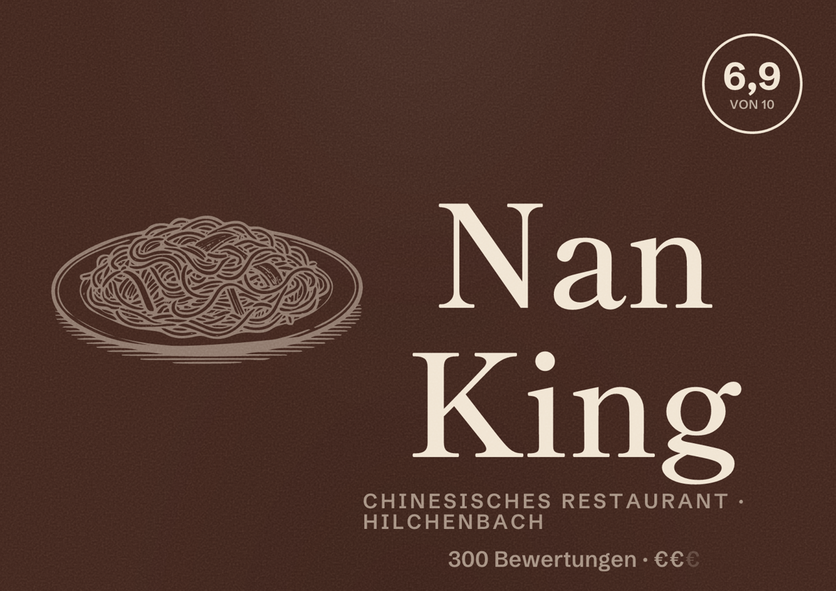 Illustriertes Poster von Nan King, Chinesisches Restaurant in Hilchenbach: Bewertung 6,9 von 10 aus 300 Bewertungen, Preisniveau €€