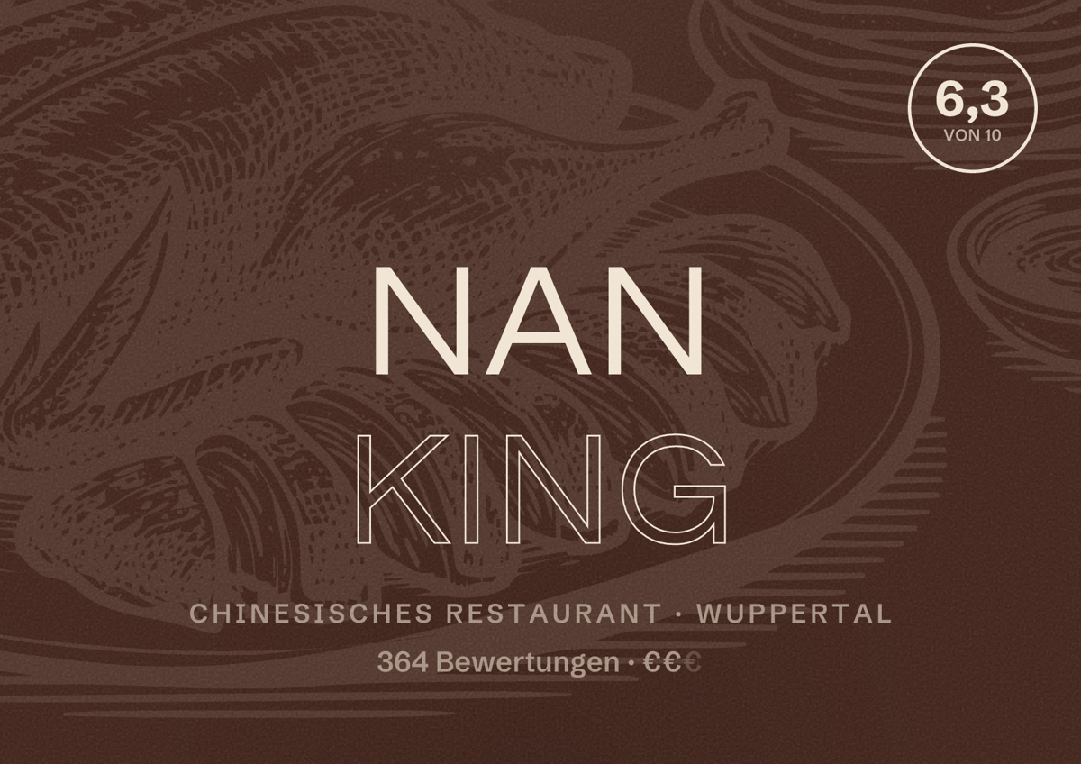 Illustriertes Poster von Nan King, Chinesisches Restaurant in Wuppertal: Bewertung 6,3 von 10 aus 364 Bewertungen, Preisniveau €€