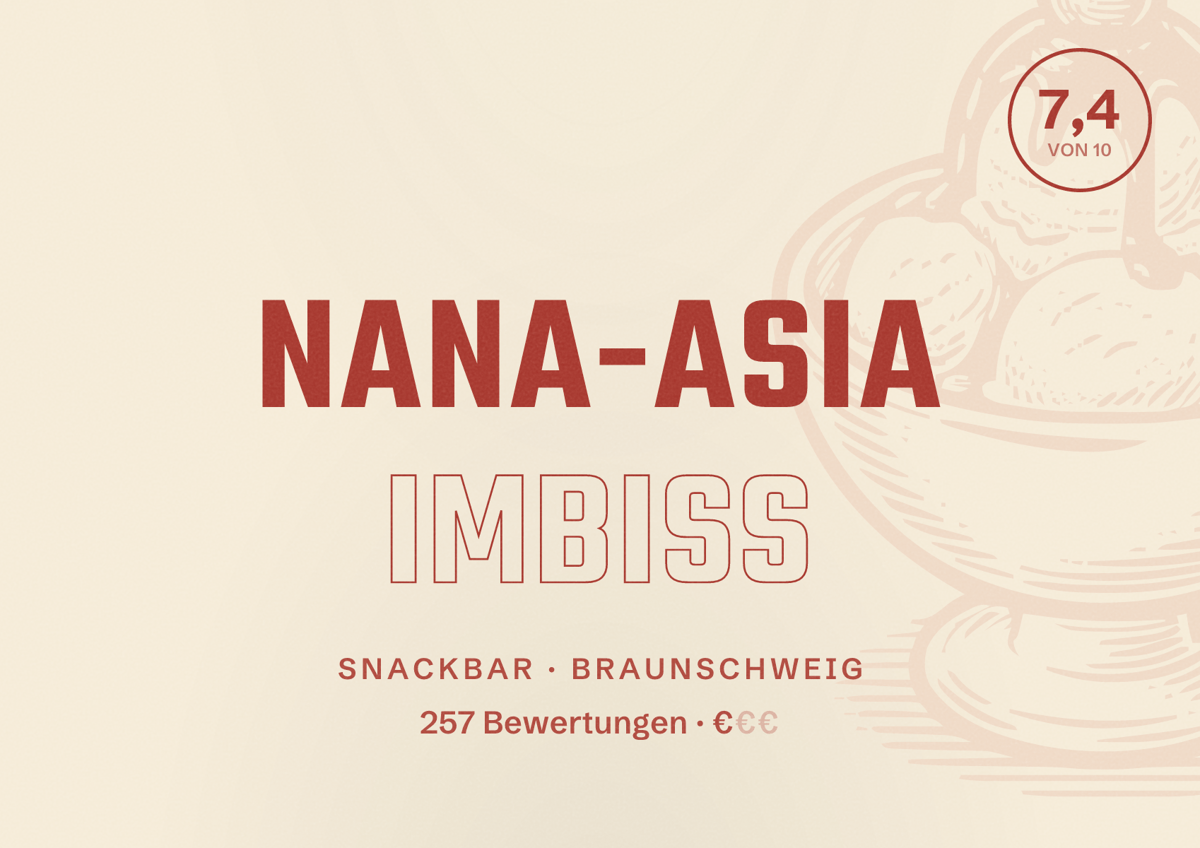 Illustriertes Poster von Nana-Asia Imbiss, Snackbar in Braunschweig: Bewertung 7,4 von 10 aus 257 Bewertungen, Preisniveau €