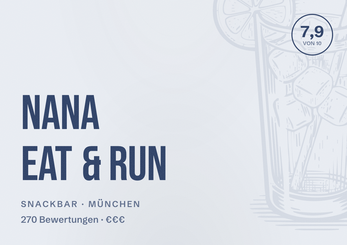Illustriertes Poster von Nana Eat & Run, Snackbar in München: Bewertung 7,9 von 10 aus 270 Bewertungen, Preisniveau €€€
