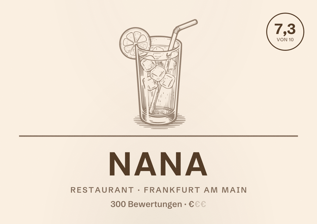 Illustriertes Poster von NaNa, Restaurant in Frankfurt am Main: Bewertung 7,3 von 10 aus 300 Bewertungen, Preisniveau €