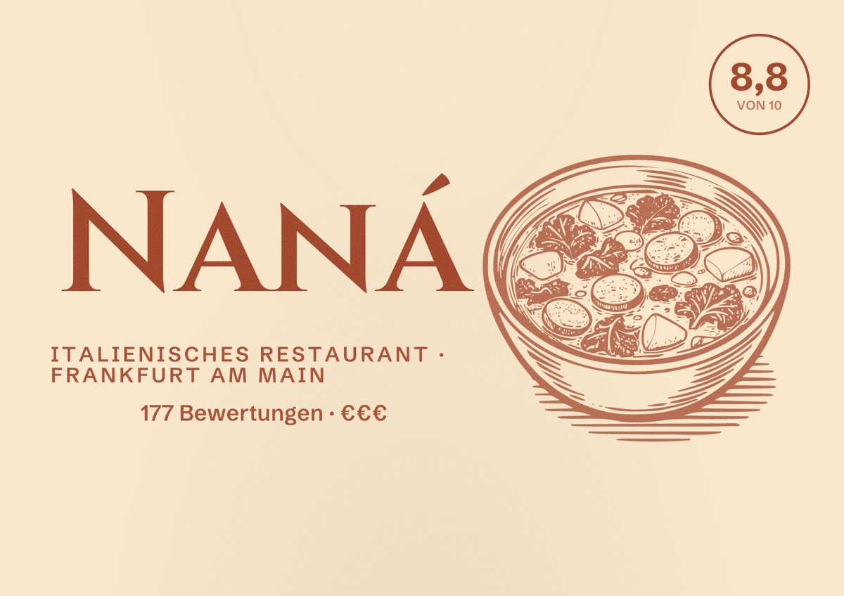 Illustriertes Poster von Naná, Italienisches Restaurant in Frankfurt am Main: Bewertung 8,8 von 10 aus 177 Bewertungen, Preisniveau €€€