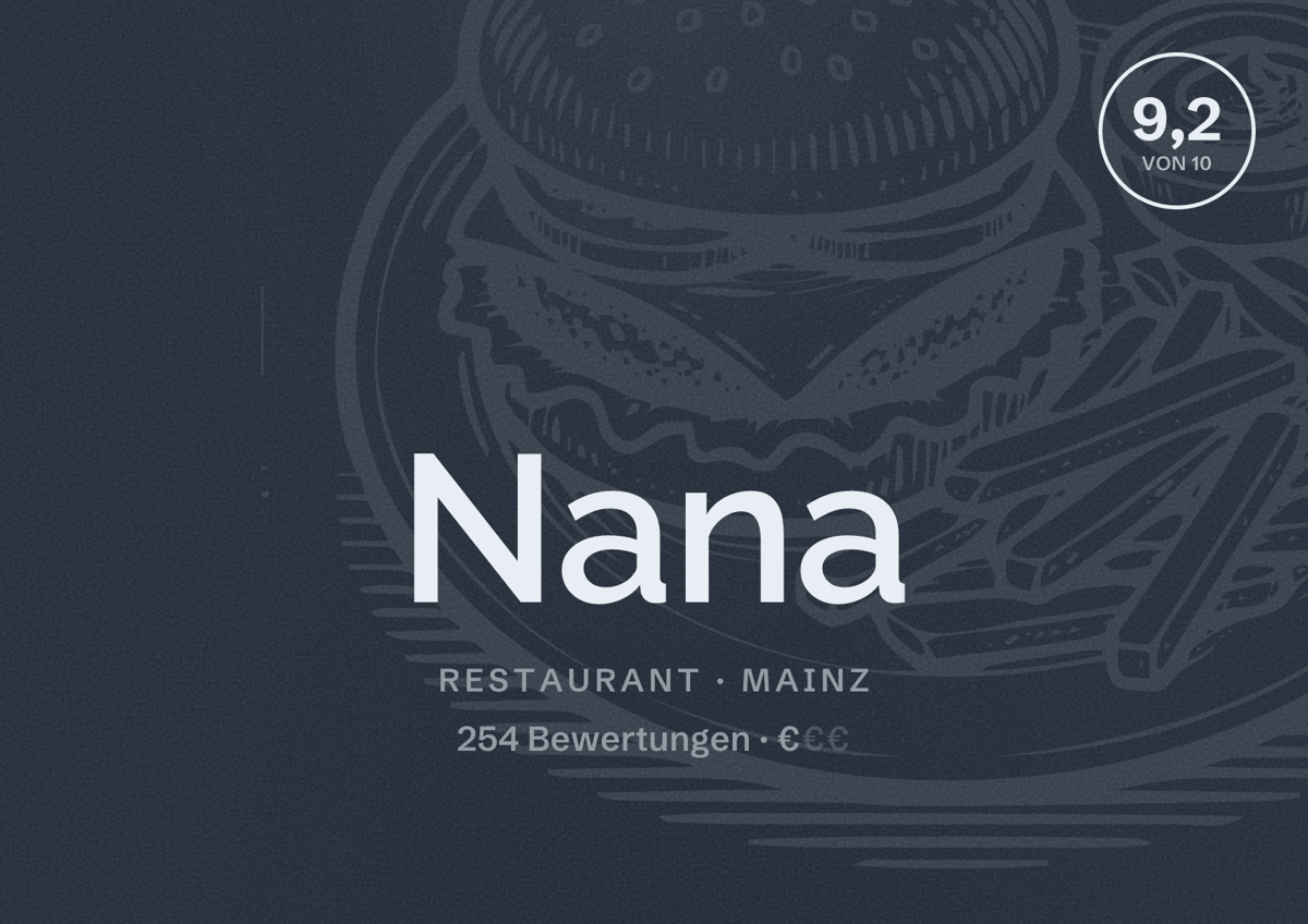 Illustriertes Poster von Nana, Restaurant in Mainz: Bewertung 9,2 von 10 aus 254 Bewertungen, Preisniveau €