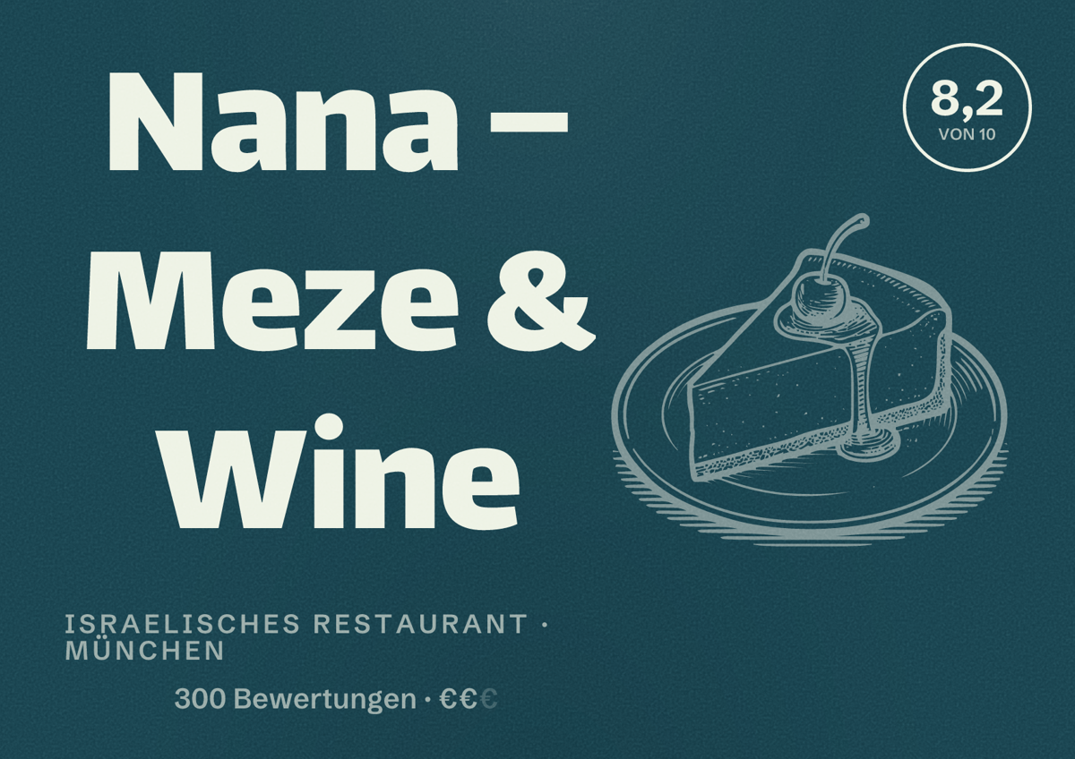 Illustriertes Poster von Nana – Meze & Wine, Israelisches Restaurant in München: Bewertung 8,2 von 10 aus 300 Bewertungen, Preisniveau €€
