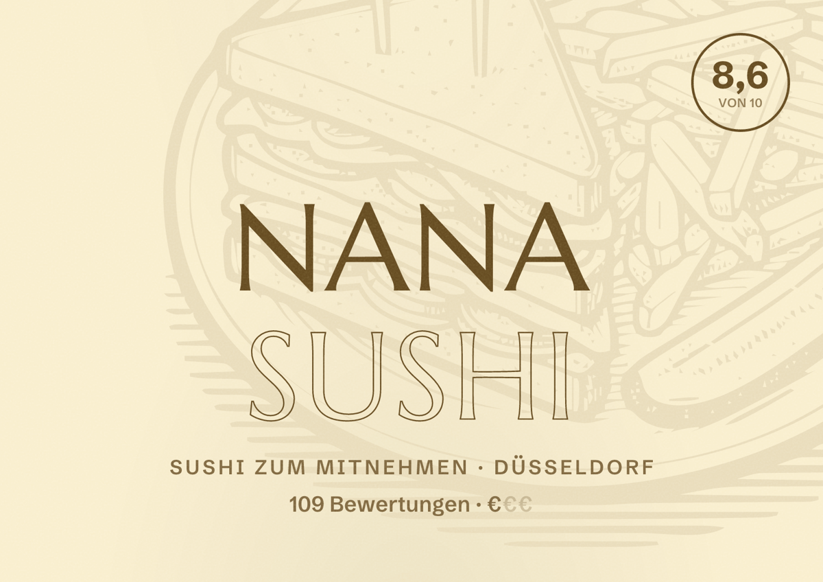Illustriertes Poster von Nana Sushi, Sushi zum Mitnehmen in Düsseldorf: Bewertung 8,6 von 10 aus 109 Bewertungen, Preisniveau €
