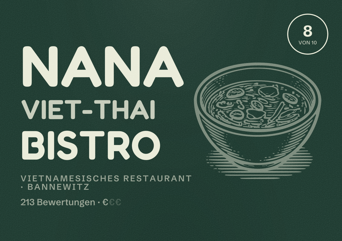 Illustriertes Poster von Nana Viet-Thai Bistro, Vietnamesisches Restaurant in Bannewitz: Bewertung 8 von 10 aus 213 Bewertungen, Preisniveau €