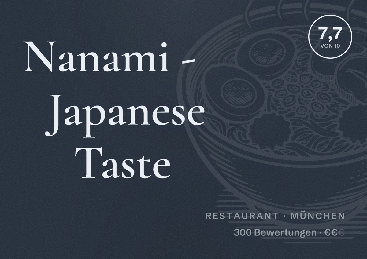 Illustriertes Poster von Nanami - Japanese Taste, Restaurant in München: Bewertung 7,7 von 10 aus 300 Bewertungen, Preisniveau €€