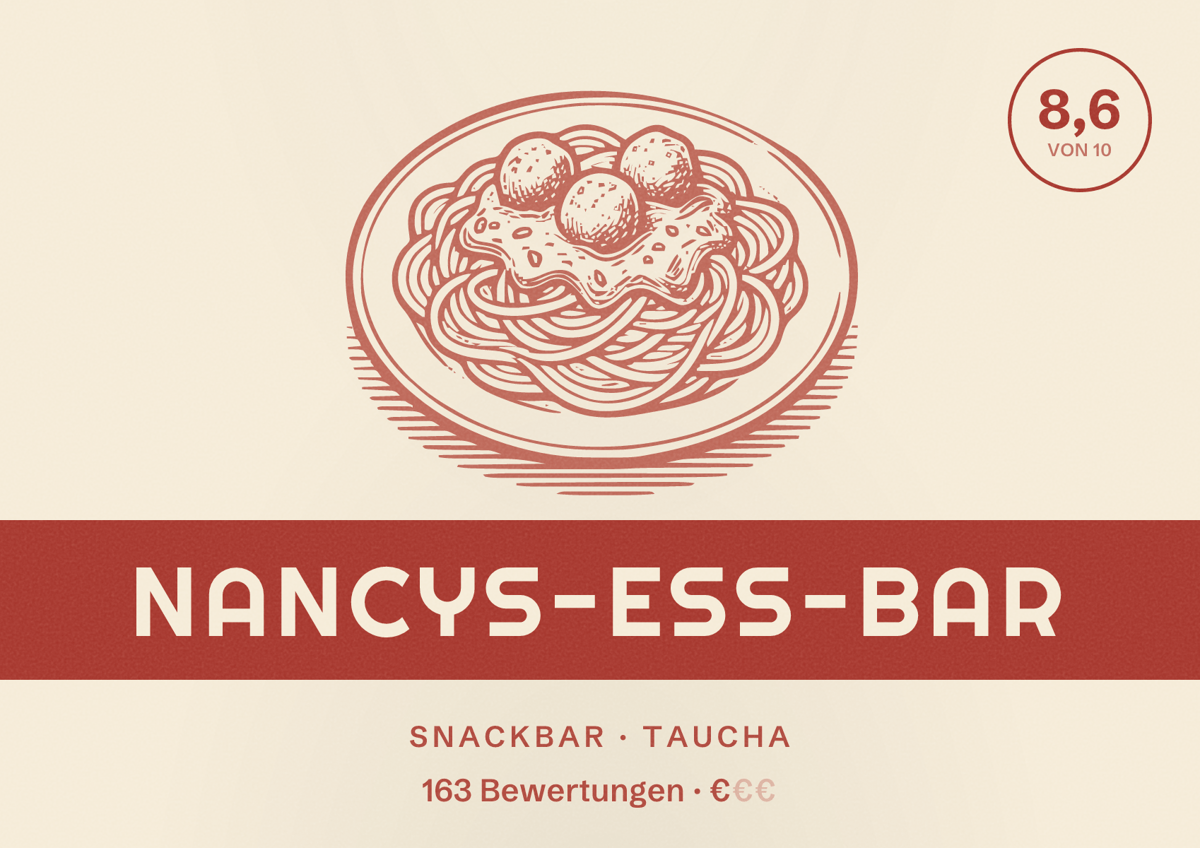 Illustriertes Poster von Nancys-Ess-Bar, Snackbar in Taucha: Bewertung 8,6 von 10 aus 163 Bewertungen, Preisniveau €
