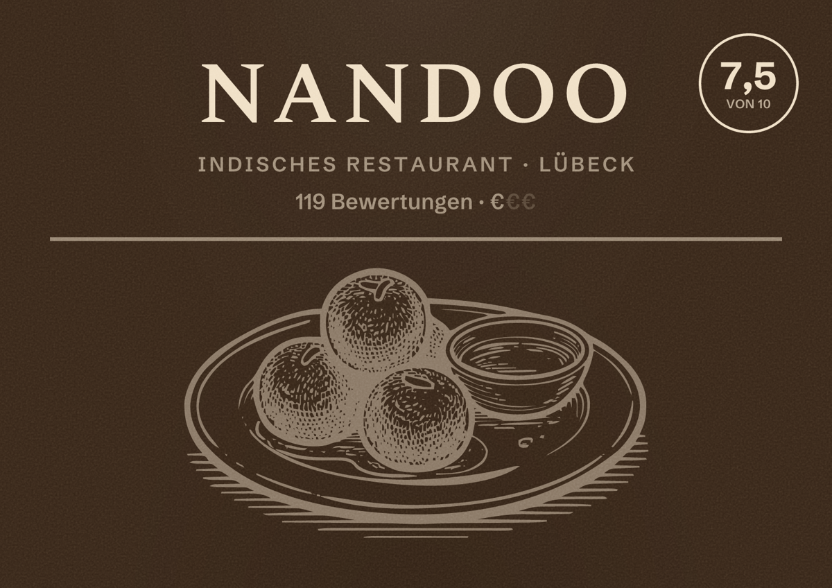 Illustriertes Poster von Nandoo, Indisches Restaurant in Lübeck: Bewertung 7,5 von 10 aus 119 Bewertungen, Preisniveau €