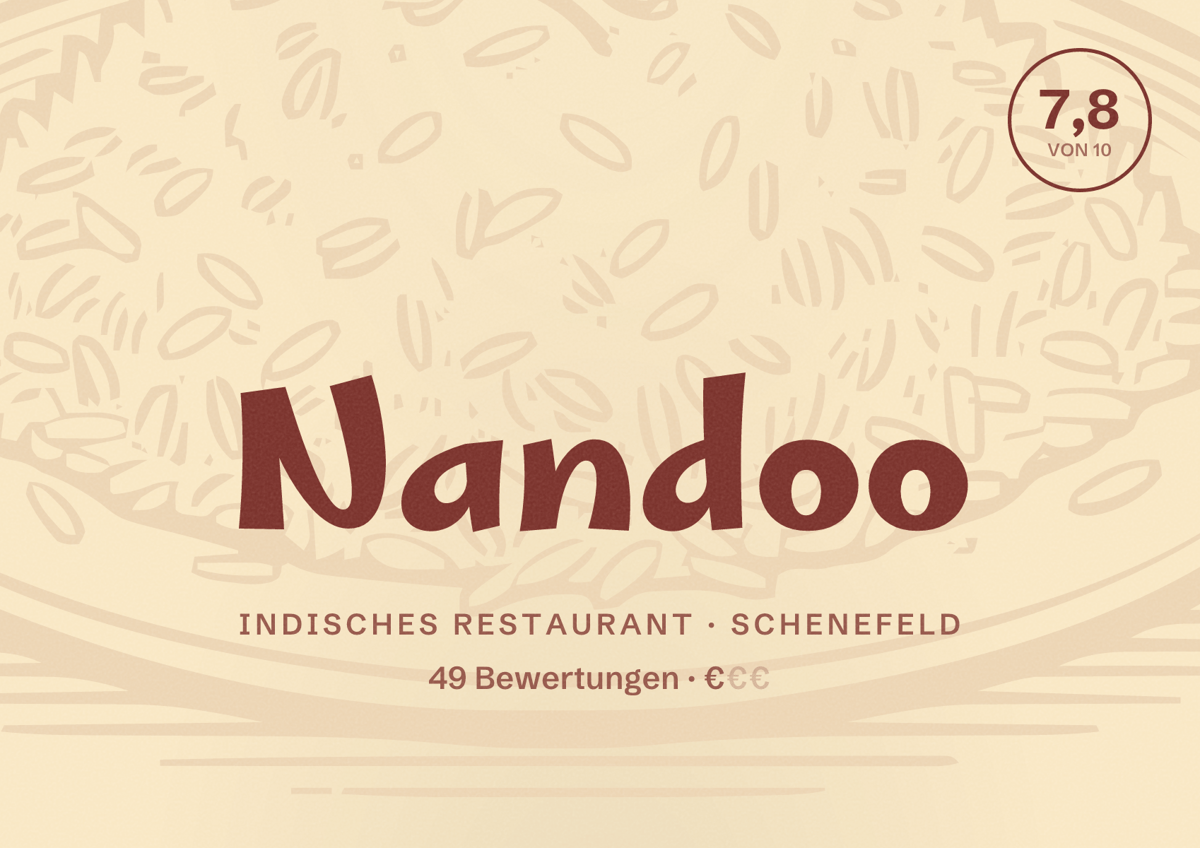 Illustriertes Poster von Nandoo, Indisches Restaurant in Schenefeld: Bewertung 7,8 von 10 aus 49 Bewertungen, Preisniveau €