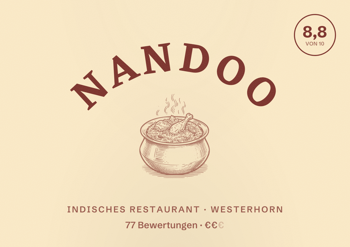 Illustriertes Poster von Nandoo, Indisches Restaurant in Westerhorn: Bewertung 8,8 von 10 aus 77 Bewertungen, Preisniveau €€