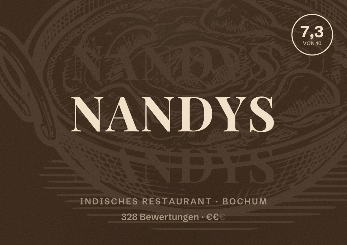 Illustriertes Poster von Nandys, Indisches Restaurant in Bochum: Bewertung 7,3 von 10 aus 328 Bewertungen, Preisniveau €€