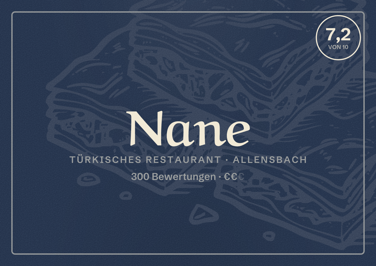 Illustriertes Poster von Nane, Türkisches Restaurant in Allensbach: Bewertung 7,2 von 10 aus 300 Bewertungen, Preisniveau €€