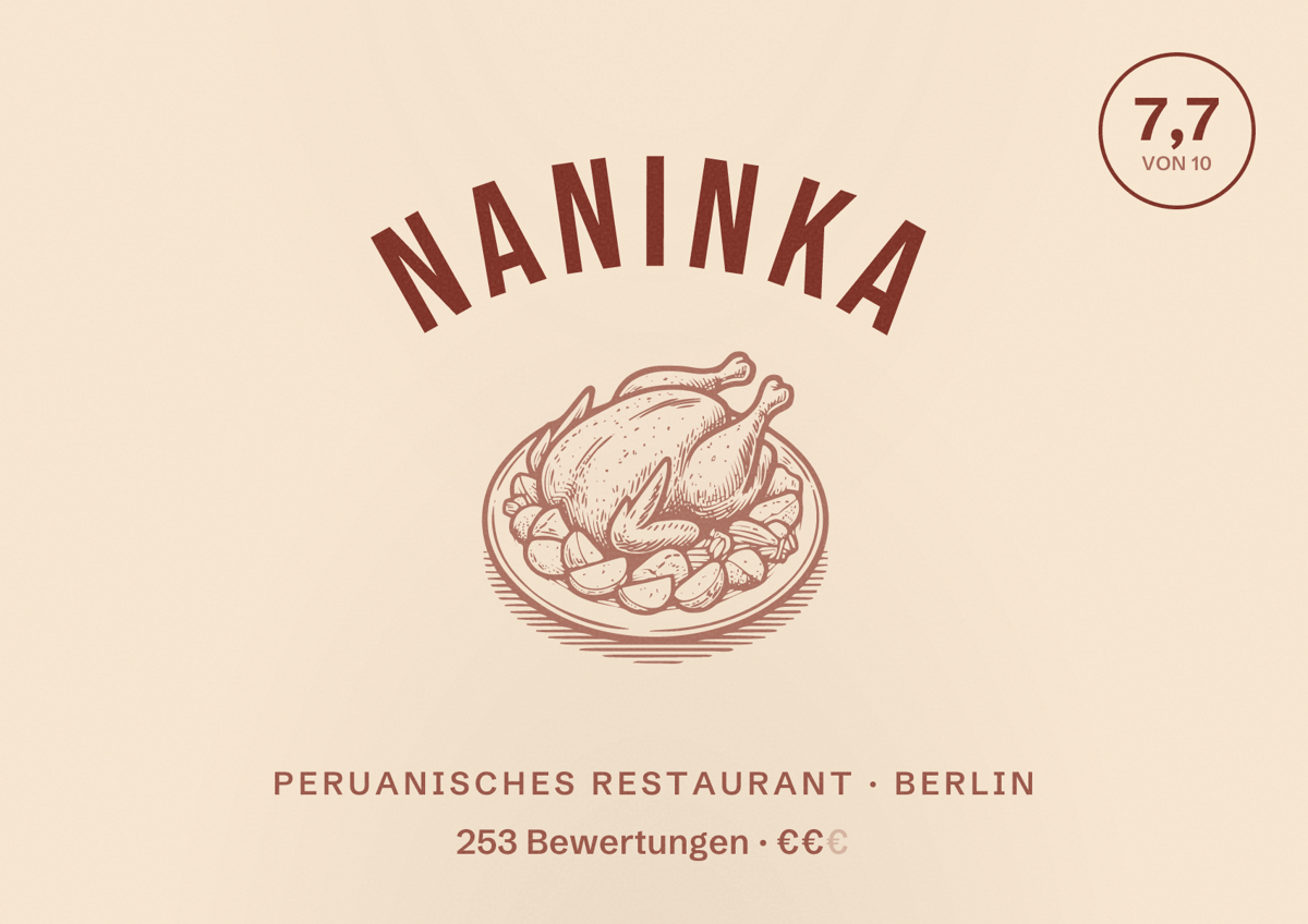 Illustriertes Poster von Naninka, Peruanisches Restaurant in Berlin: Bewertung 7,7 von 10 aus 253 Bewertungen, Preisniveau €€