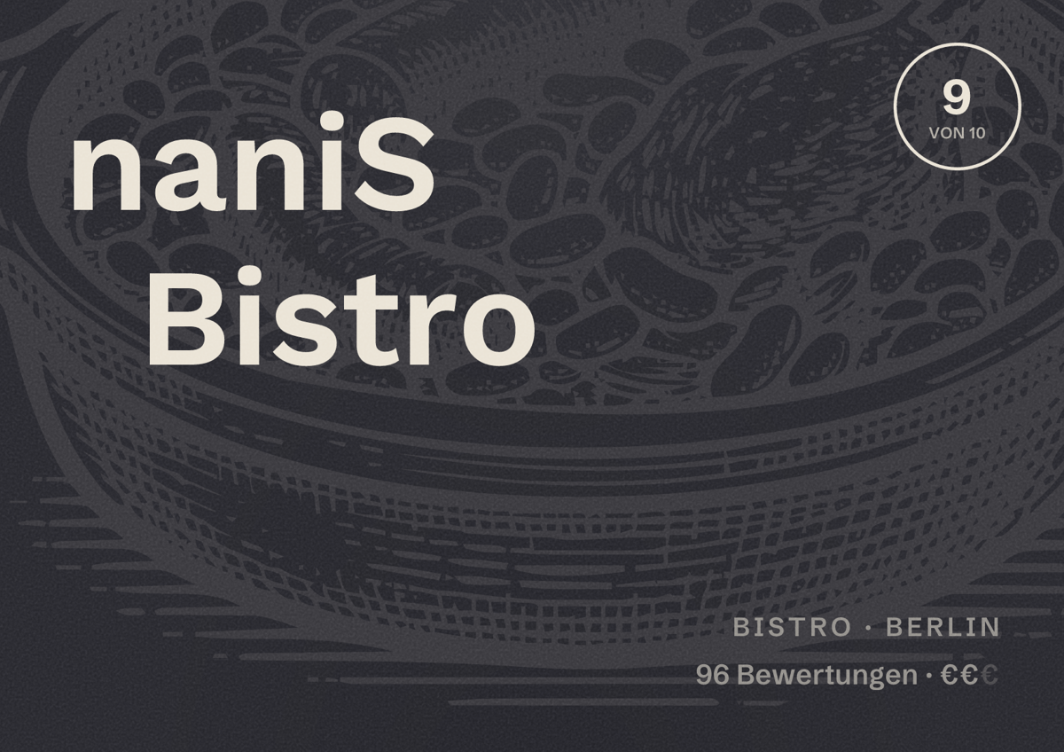 Illustriertes Poster von naniS Bistro, Bistro in Berlin: Bewertung 9 von 10 aus 96 Bewertungen, Preisniveau €€