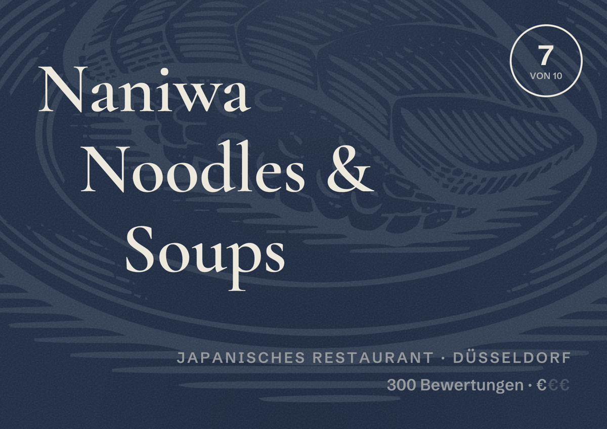 Illustriertes Poster von Naniwa Noodles & Soups, Japanisches Restaurant in Düsseldorf: Bewertung 7,0 von 10 aus 300 Bewertungen, Preisniveau €
