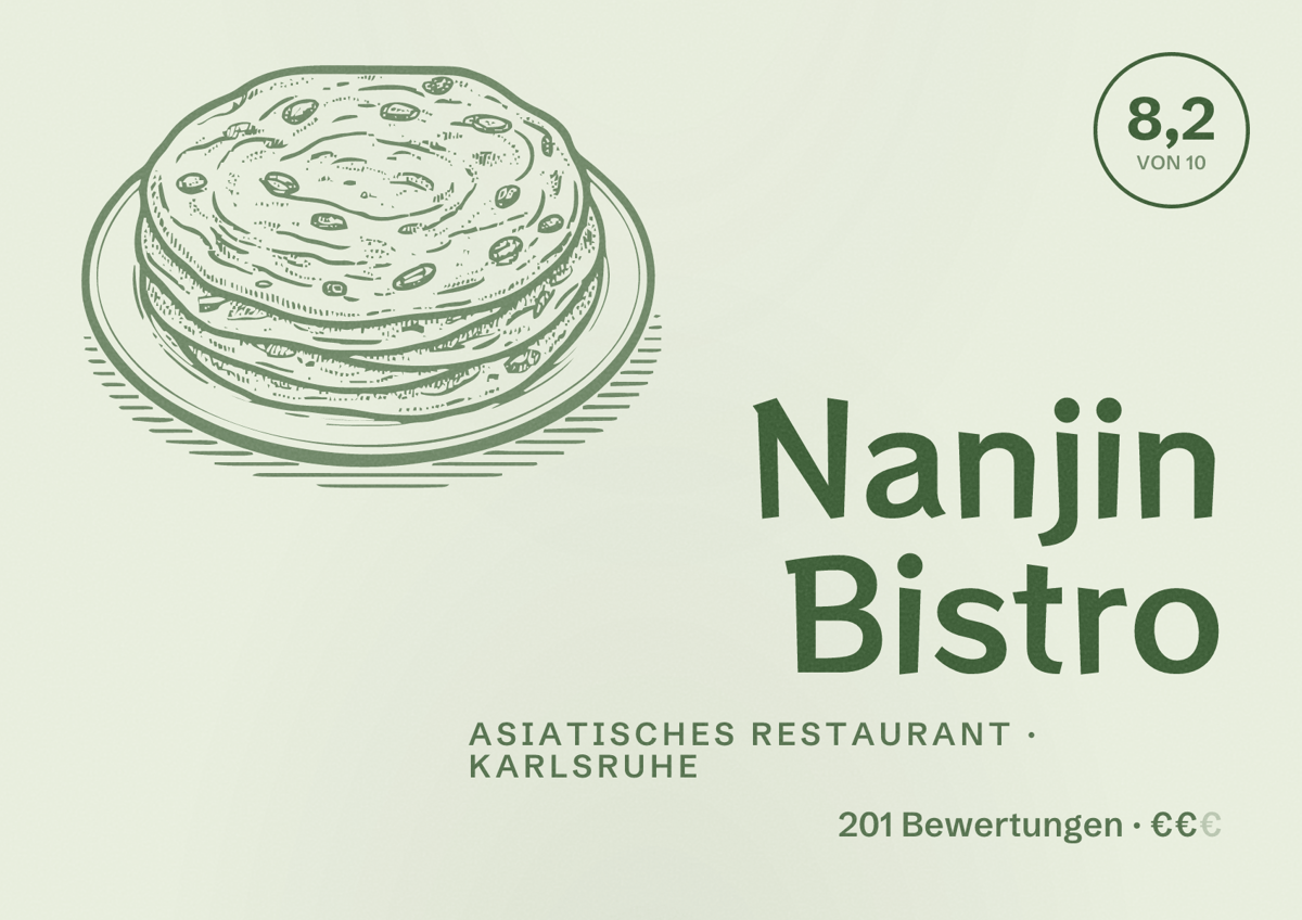 Illustriertes Poster von Nanjin Bistro, Asiatisches Restaurant in Karlsruhe: Bewertung 8,2 von 10 aus 201 Bewertungen, Preisniveau €€