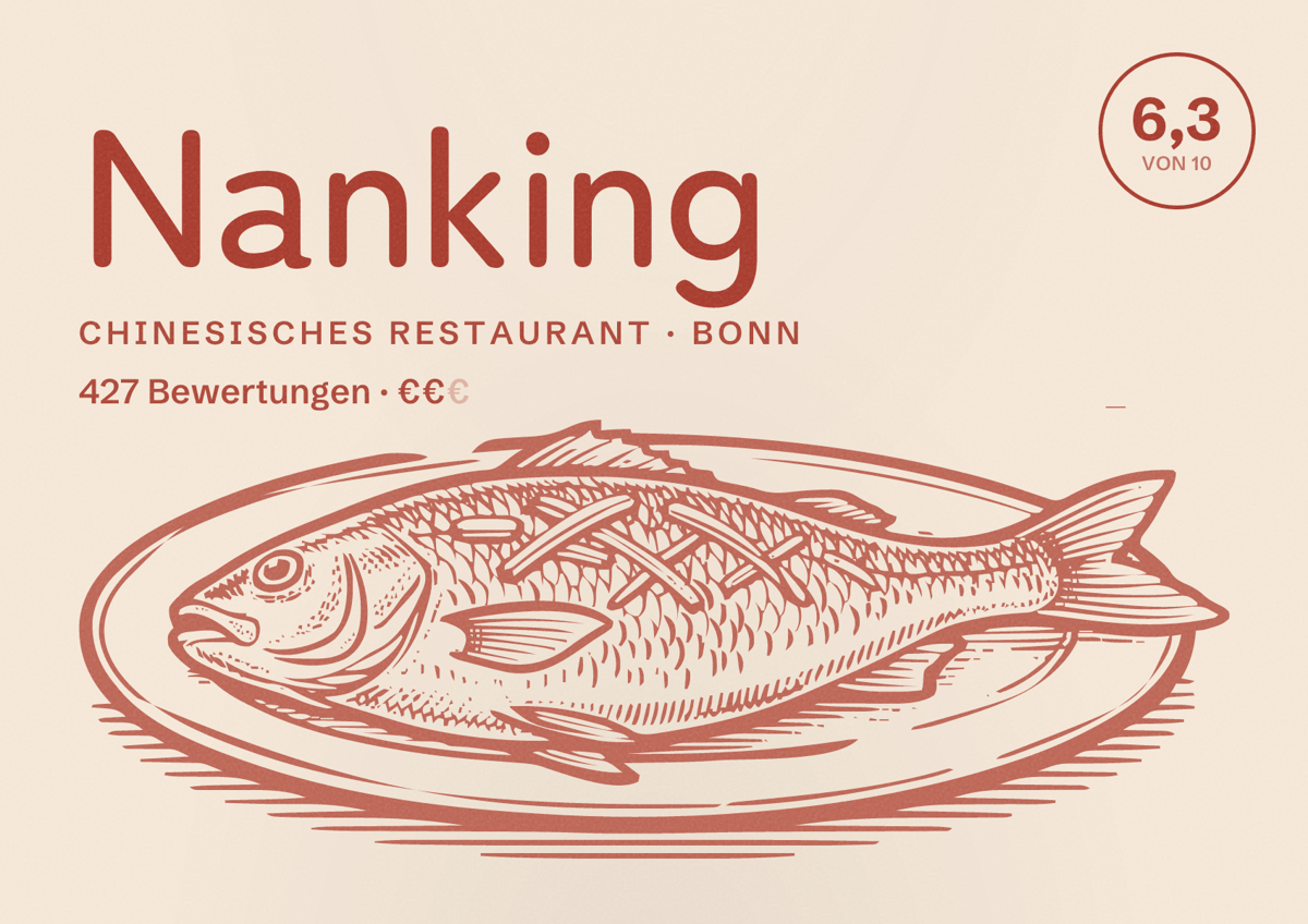 Illustriertes Poster von Nanking, Chinesisches Restaurant in Bonn: Bewertung 6,3 von 10 aus 427 Bewertungen, Preisniveau €€
