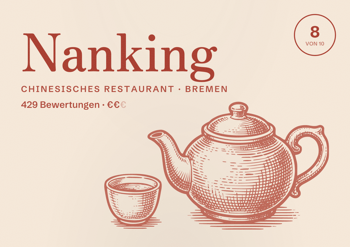 Illustriertes Poster von Nanking, Chinesisches Restaurant in Bremen: Bewertung 8 von 10 aus 429 Bewertungen, Preisniveau €€
