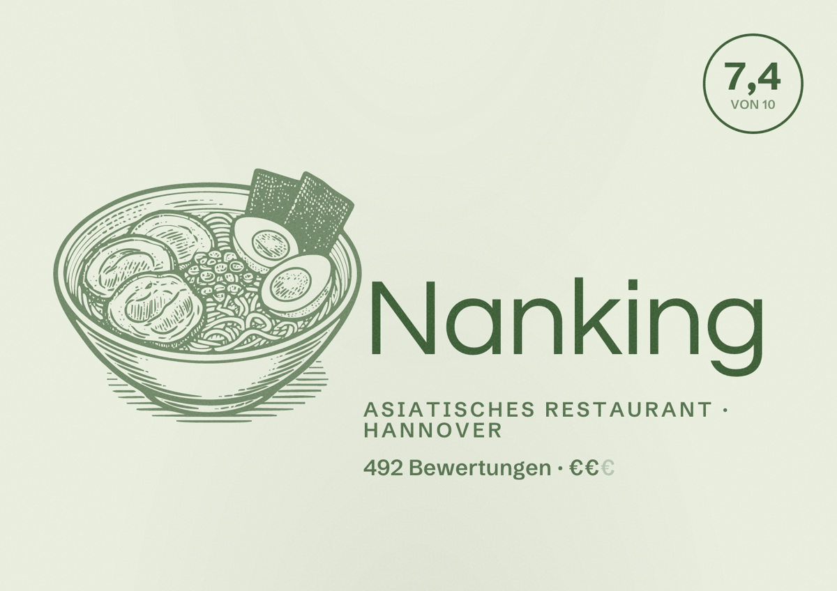 Illustriertes Poster von Nanking, Asiatisches Restaurant in Hannover: Bewertung 7,4 von 10 aus 492 Bewertungen, Preisniveau €€