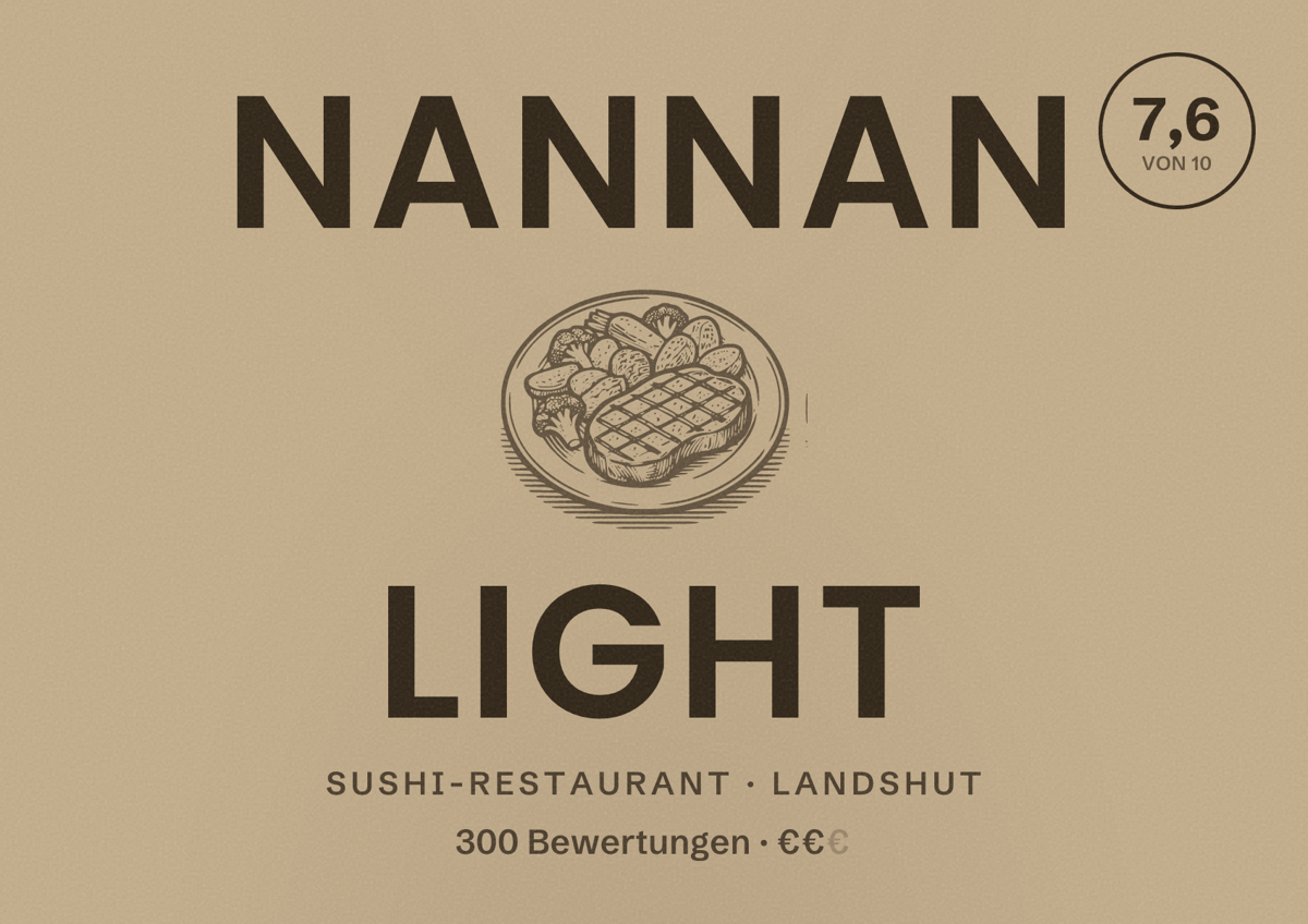 Illustriertes Poster von NANNAN LIGHT, Sushi-Restaurant in Landshut: Bewertung 7,6 von 10 aus 300 Bewertungen, Preisniveau €€