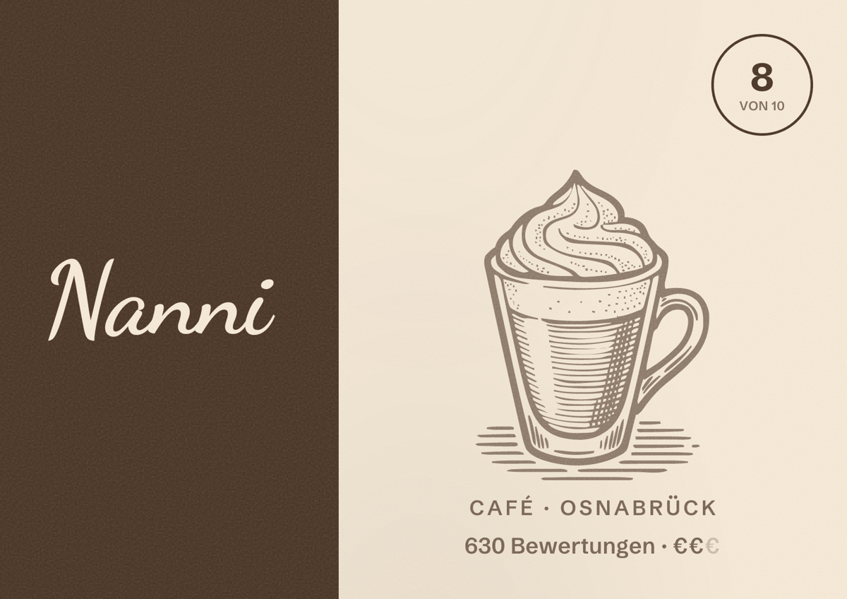 Illustriertes Poster von Nanni, Café in Osnabrück: Bewertung 8 von 10 aus 630 Bewertungen, Preisniveau €€